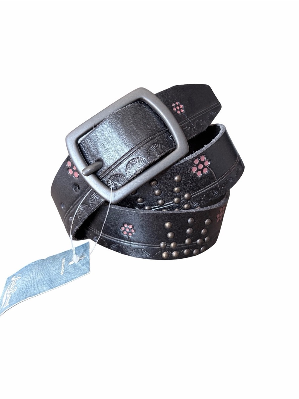 Lucky Brand NWTs Black Leather Floral Embossed Studded Belt size XL